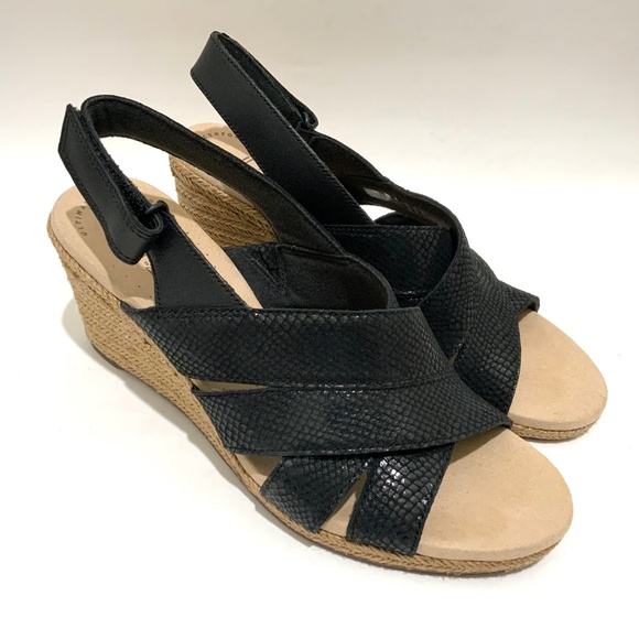 Clarks Lafley Krissy Black Leather Ankle Strap Wedge Sandal Platform Espadrilles - Picture 2 of 7